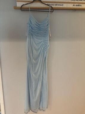 Azazie Sky Blue Ruched Spaghetti Strap Maxi Dress